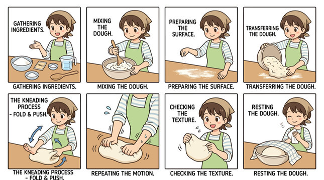 An illustrated instructional comic strip showing a young woman following professional steps to bake fresh homemade bread from scratch