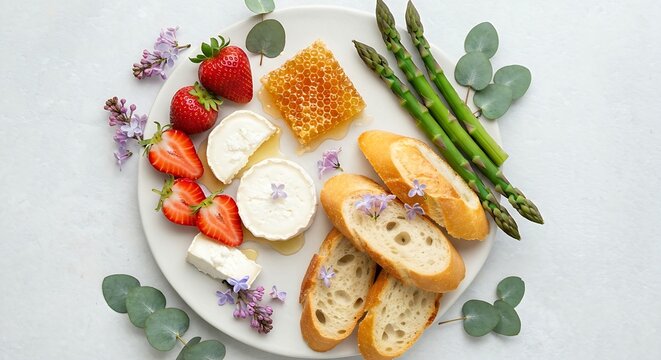 a bright spring breakfast board. Includes soft goat cheese, honeycomb, fresh strawberries, asparagus spears, and crusty baguette TLices. Decorated with subTLe sprigs of lilac and eucalyptus. Airy, bri