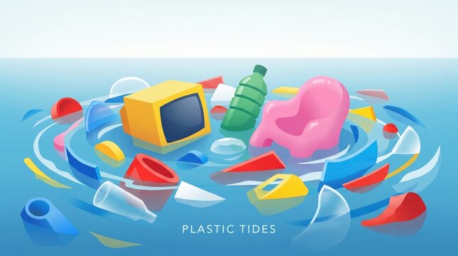 Vibrant collection of plastic trash and discarded household items floating in swirling blue ocean water symbolizing pollution and environmental crisis with a yellow television