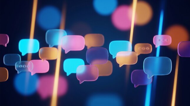 Vibrant glowing speech bubble icons floating on dark abstract background representing social media engagement trend communication and digital conversation concept