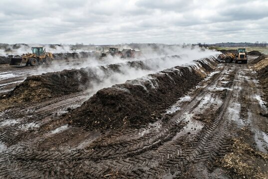 Large scale agricultural composting windrow piles steaming in a muddy field