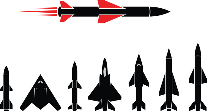 Black aircraft and missile silhouette icons showing different aerodynamic designs for aerospace engineering and military technology concepts