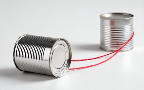 Two tin cans connected by a red string against a white background