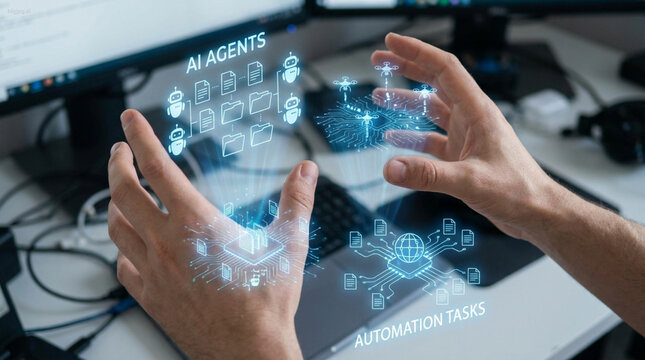 Advanced multi-agent automation interface manipulated by hand gestures with holographic projections