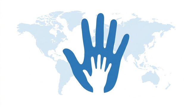 World Child Protection Day Global partnership and cooperation illustrated by two hands of different sizes supporting each other against the backdrop of a world map, symbolizing unity and support