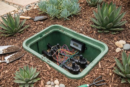 Sprinkler system maintenance with an open irrigation valve box and gardening trowels
