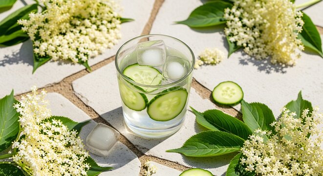 A glass of clear elderflower press&eacute; with ice and cucumber TLices, surrounded by white elderflower blossoms and green leaves, on a light-colored flagstone surface with soft, dappled sunlight, 16:9 rati