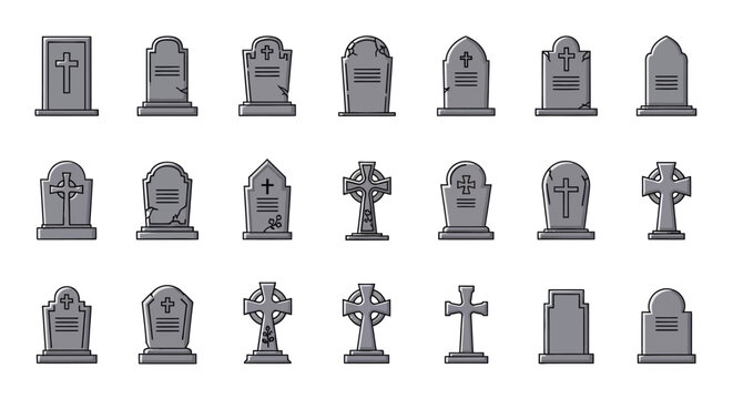 Collection of various gravestone designs and crosses.