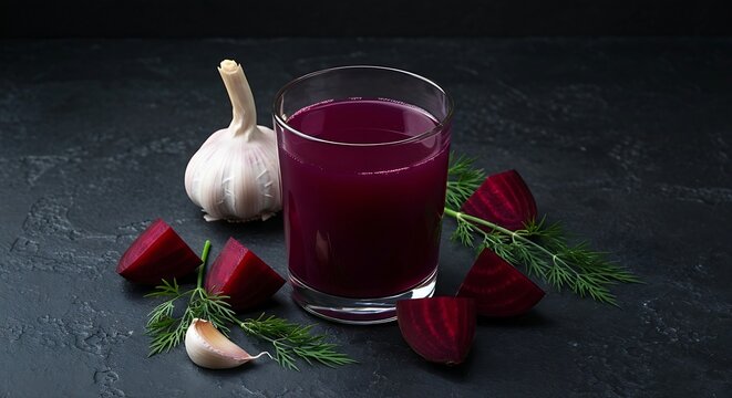 A glass of deep purple beet kvass, surrounded by raw beet chunks, dill sprigs, and a clove of garlic, on a dark, textured stone surface with moody, diffused lighting, 16:9 ratio, realistic earthy tone