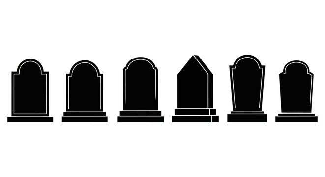 black tombstones on white background.