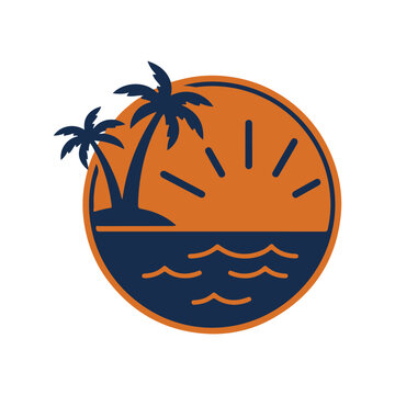 Tropical beach sunset logo with palm trees and ocean waves in circular frame.
