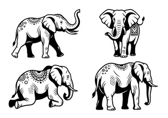 Fototapeta premium Set of ornate elephant vector illustrations in black and white tribal style.