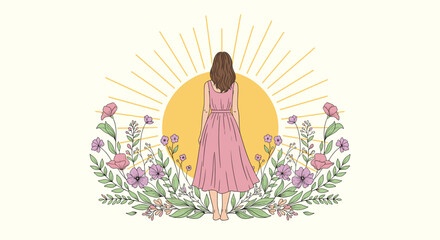 A woman in a pink dress stands before a radiant sun surrounded by a beautiful floral wreath illustration. © Sekardewi