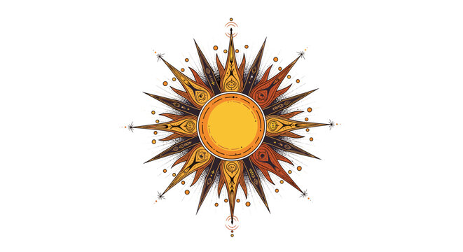 Intricate stylized sunburst design with a central yellow circle and radiating ornate points in warm earthy tones, on a white background.