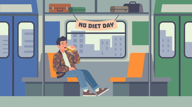 Man Eating Sandwich on a Subway Celebrating No Diet Day