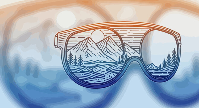 Virtual Reality Goggles Reflecting Majestic Mountain Landscape with River and Trees