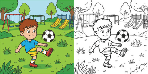 Naklejka premium child kid boy and girl children playing soccer football hand drawn coloring book vector illustration of lineart and clipart