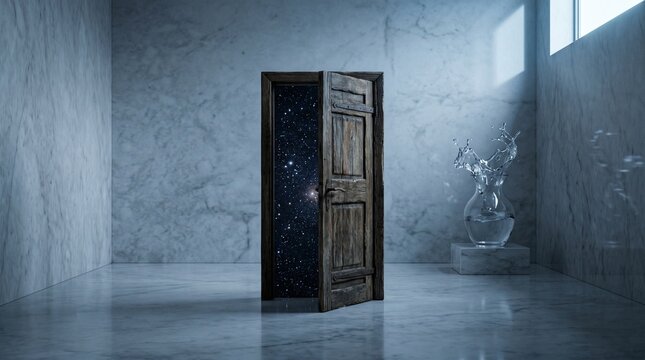 Surreal marble room with a rustic door opening into a starry cosmos. A vase nearby holds water frozen mid-splash.
