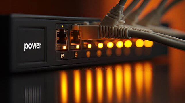 Network switch with illuminated indicators and plugged-in cables