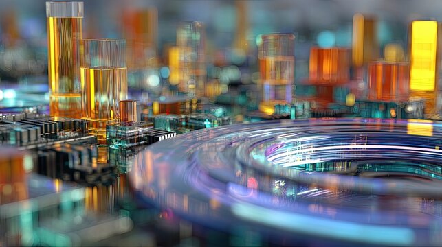 Abstract Futuristic Circuit Board with Glowing Liquids in Test Tubes.