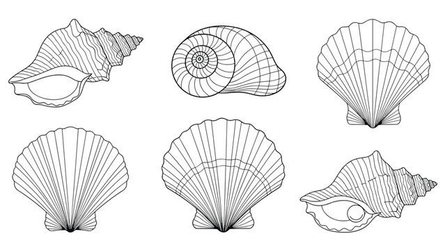 Collection of detailed black and white sketches of various sea shells and snails highlighting natural patterns and textures.