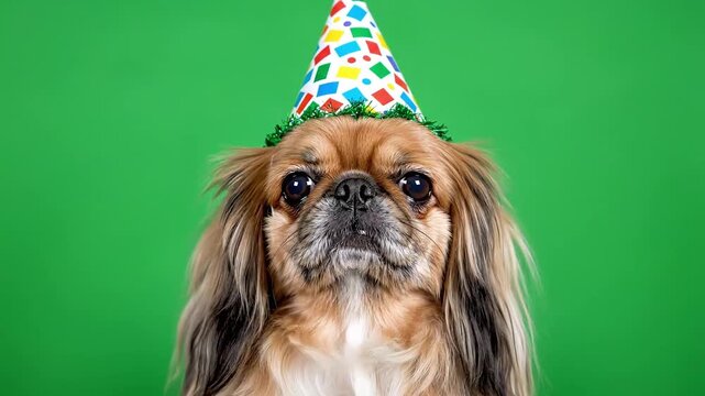 Cute pekingese dog wearing a colorful party hat on a vibrant green background, celebrating a birthday or special occasion.