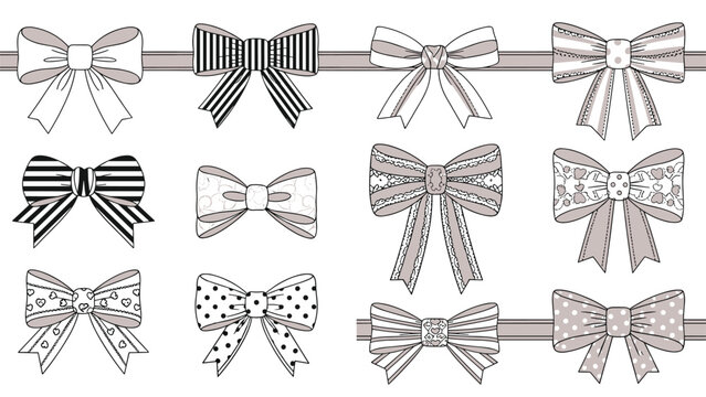 Beautiful collection of decorative ribbons and bows features diverse patterns including stripes, polka dots, lace, and solid colors.