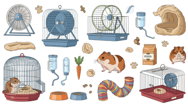 Essential hamster care supplies and pet accessories include various cages, exercise wheels, water bottles, food, and colorful play toys.