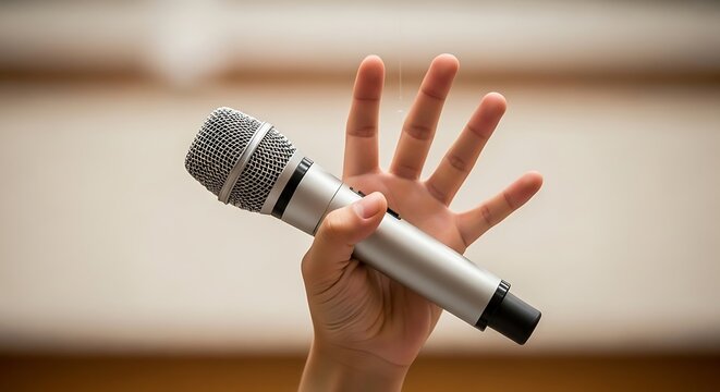 Close up of a hand holding a microphone in a mic drop gesture
