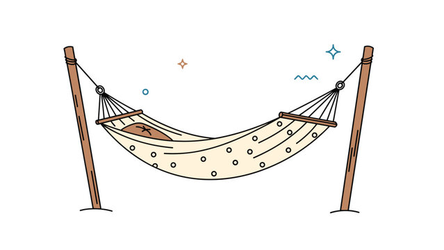 Comfortable cream-colored hammock with black polka dots is hung between two sturdy wooden posts against a clean white background.