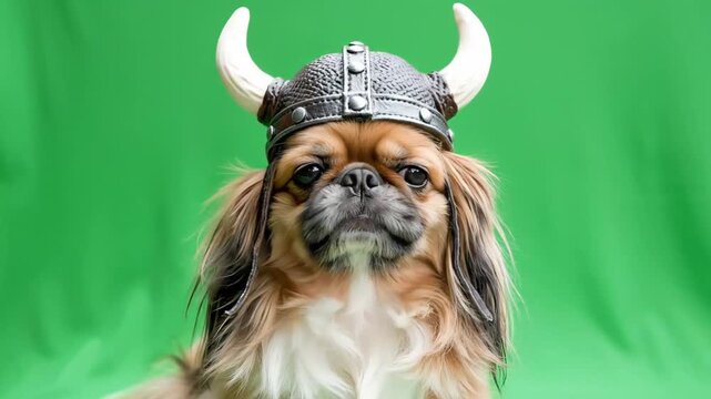 Cute Pekingese dog wearing a Viking helmet on a vibrant green background, looking directly at the camera.