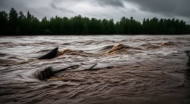 Stormy river scene with driftwood under dark, cloudy skies