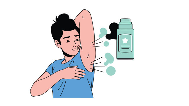 Man applying deodorant to his armpit with visual representation of sweat and body odor for personal hygiene concept.