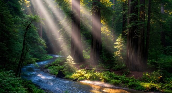Sunlight Rays in Redwood Forest with Creek and Greenery