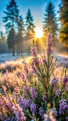 Obraz premium A photo of a clear morning in the forest, with frozen blooming heather flowers closeup