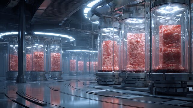 alternative protein production line, multiple glass tanks with evolving meat textures, modern factory lab hybrid