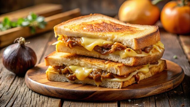A photo of a perfectly toasted grilled cheese sandwich with caramelized onions on top, the crust golden brown and melty, the onions sweet and carameli