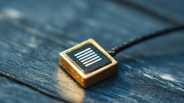 Close-up of a Small Square Solar Panel with White Stripes on a Dark Wooden Surface.
