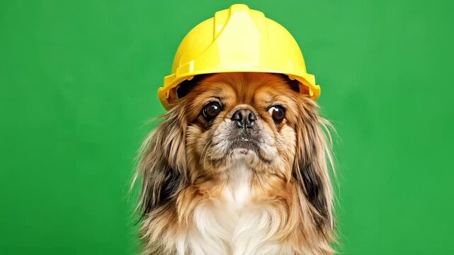 Cute pekingese dog wearing a yellow construction hard hat on a green background, looking at the camera.