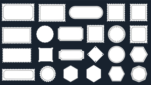 Large collection of blank white stamp frames in various shapes like circles, rectangles, and hexagons on a dark navy background.