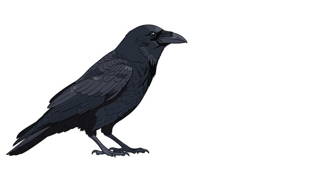 Detailed illustration of a large black raven stands alone against a white background with realistic feather textures and dark beak.