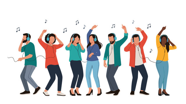 Group of diverse people enjoy listening to music through headphones while dancing and moving to the rhythm with musical notes around.