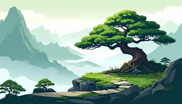 Old pine cliff above pale mist and distant peaks. Calm green mountain ledge for nature background. Serene bonsai landscape with soft valley atmosphere