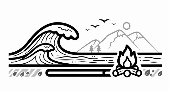 Black and white illustration of a beach scene.