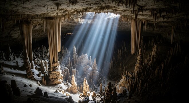 Subterranean Glow: Stalactites Form Crystal Cave Landscape