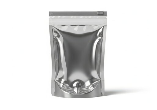 Empty resealable silver pouch standing upright on flat surface