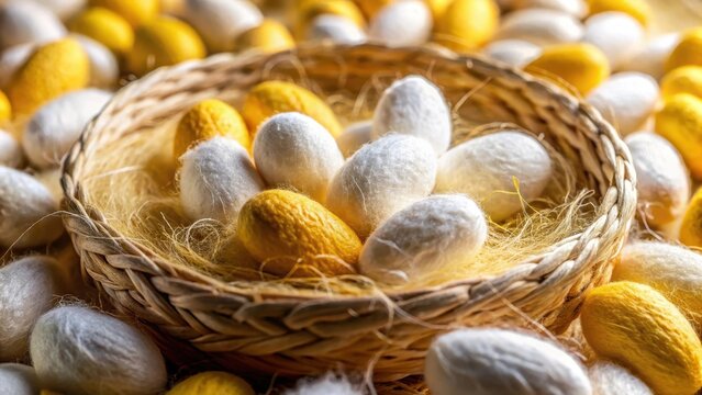 A photo of silkworm cocoons arranged in intricate white and yellow nests, showcasing the delicate craftsmanship of natures architecture