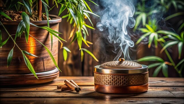 A closeup of a traditional Chinese copper moxibustion box with wispy smoke emanating from the bamboo reeds inside, creating an ancient and mystical
