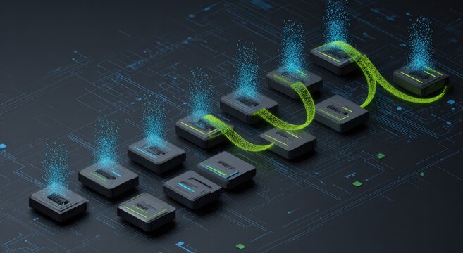 Networked devices connected by glowing energy streams on circuit board