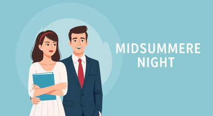 A professional-looking couple stands together, with the text "MIDSUMMERE NIGHT" to their right, against a light blue background. © Sekardewi